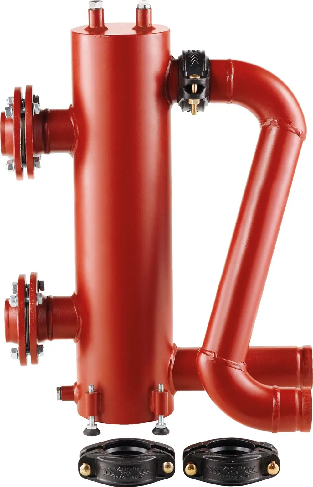 Rotes Installationszubehör von Bosch mit mehreren Flanschen und verbindenden Elementen, konzipiert für hydraulische Systeme.